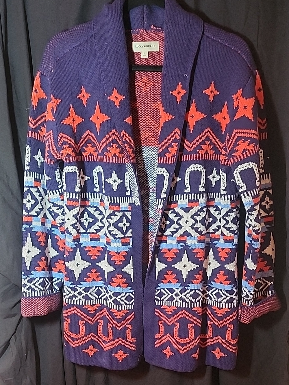 Lucky Brand Santa Fe Horse Shawl Collar Cardigan Purple & Red